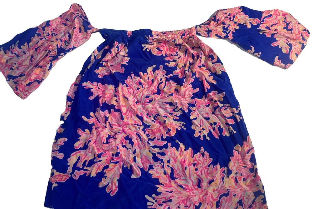 Lilly Pulitzer Silk coast blouse open shoulder blue pink white coral print small